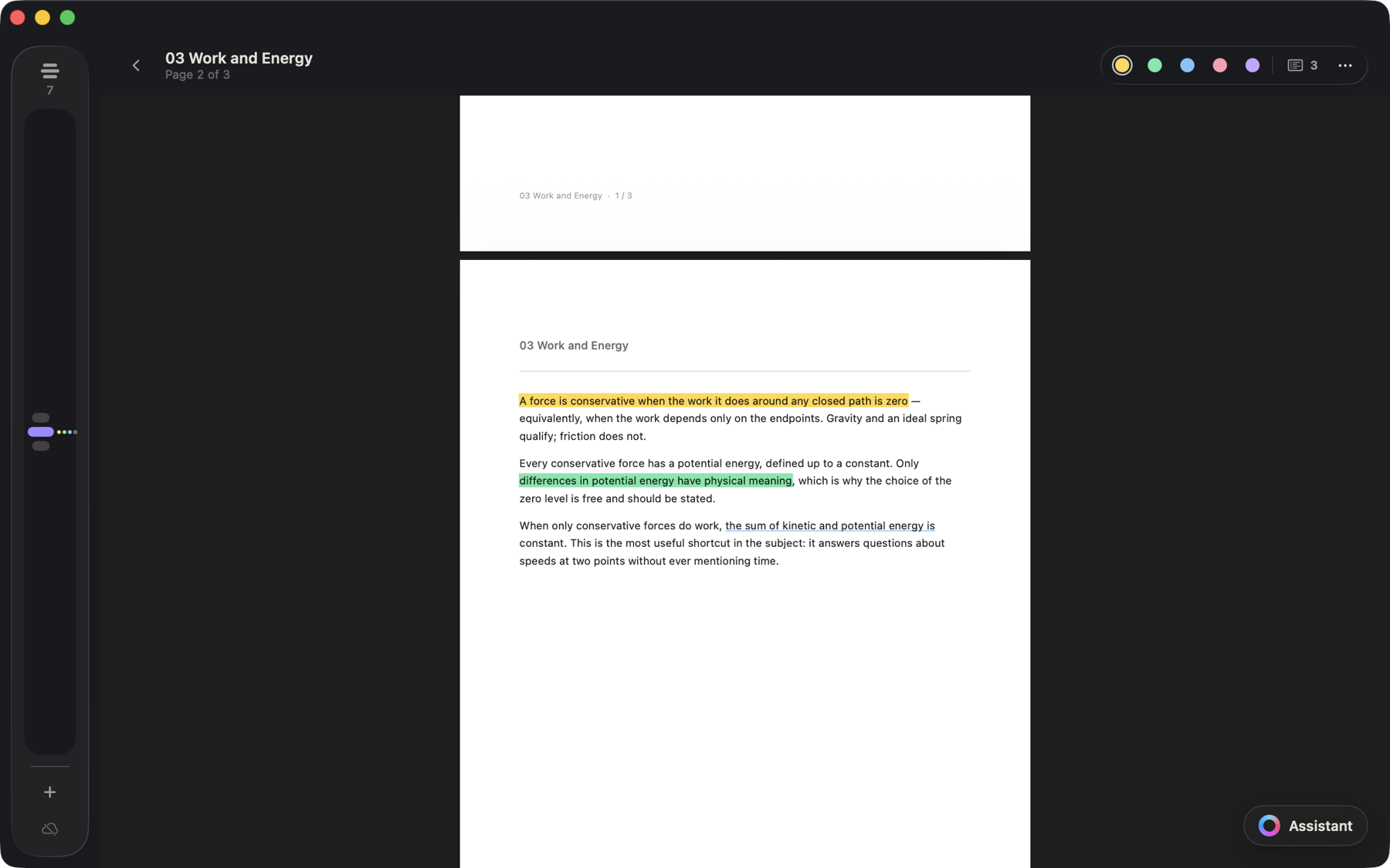 A document open in the reader with yellow and green highlights and an underline.